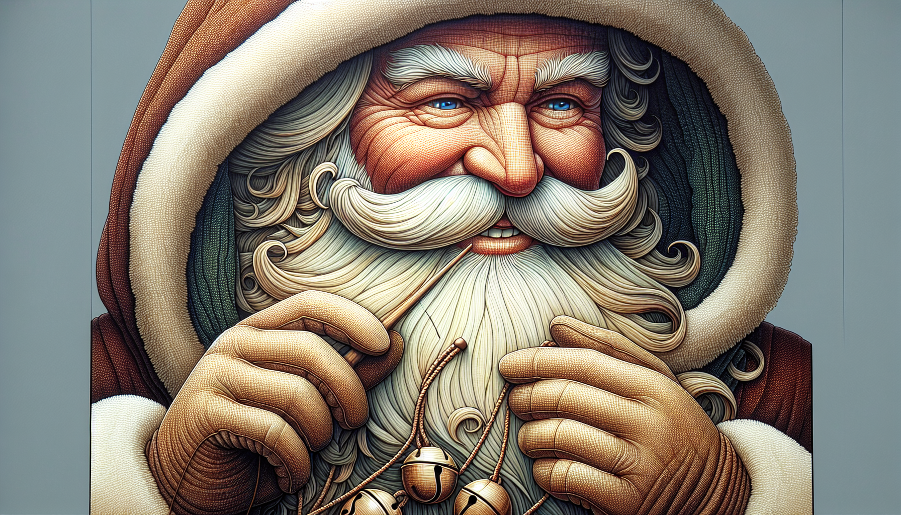 Traditional Santa Claus close up of face with hands holding the reigns of his sleigh up close to his face. The reigns have jingle bells on them.