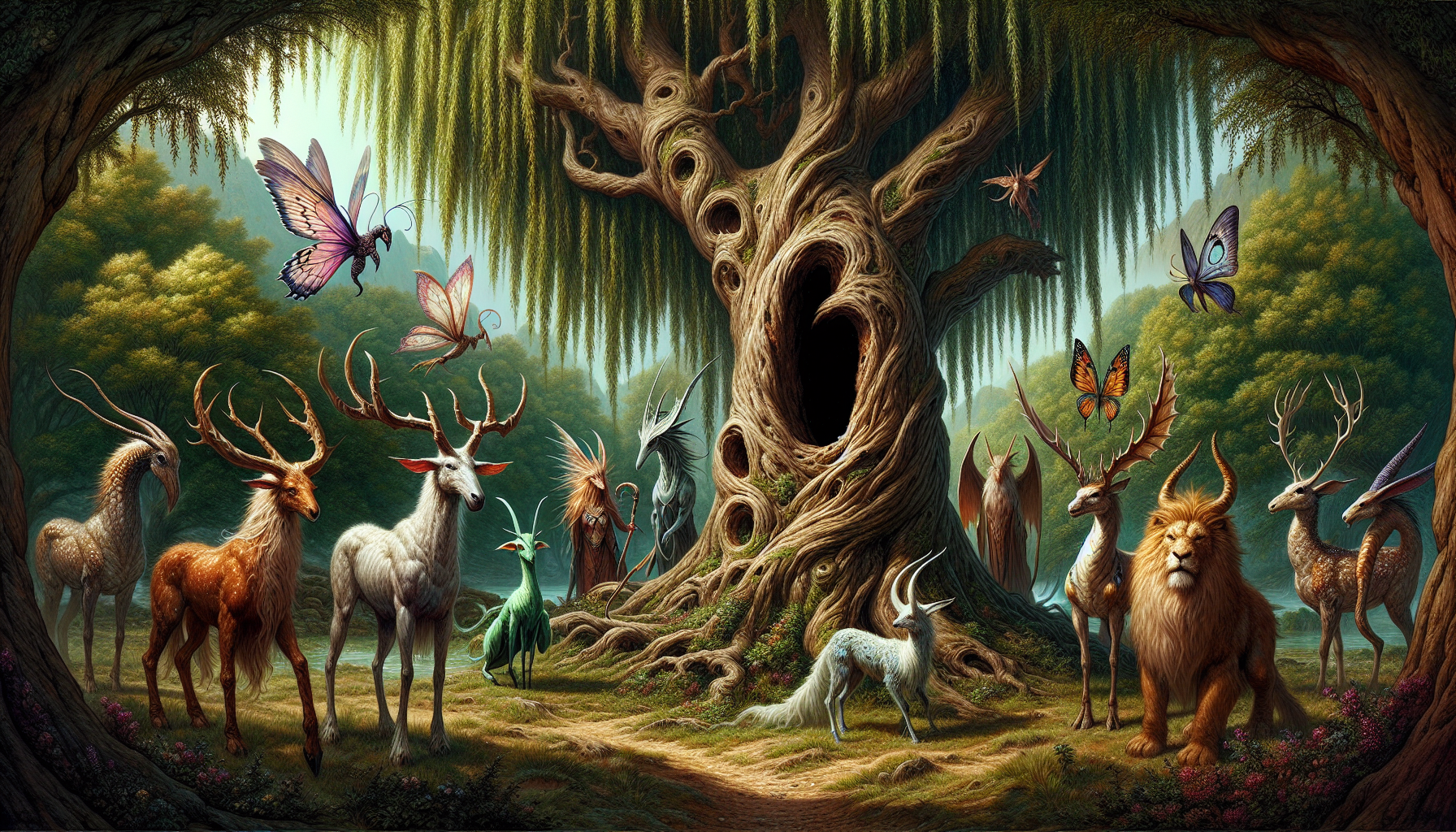 Willow tree with dark hole, in the middle of a lot of magical creatures.