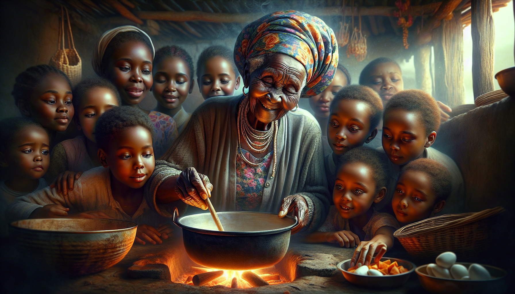 Génére moi une image de shooting d'une vieille femme africaine noir avec sa voile sur la tête entrain de faire la cuisine avec ses petits fils autour de d'elle 