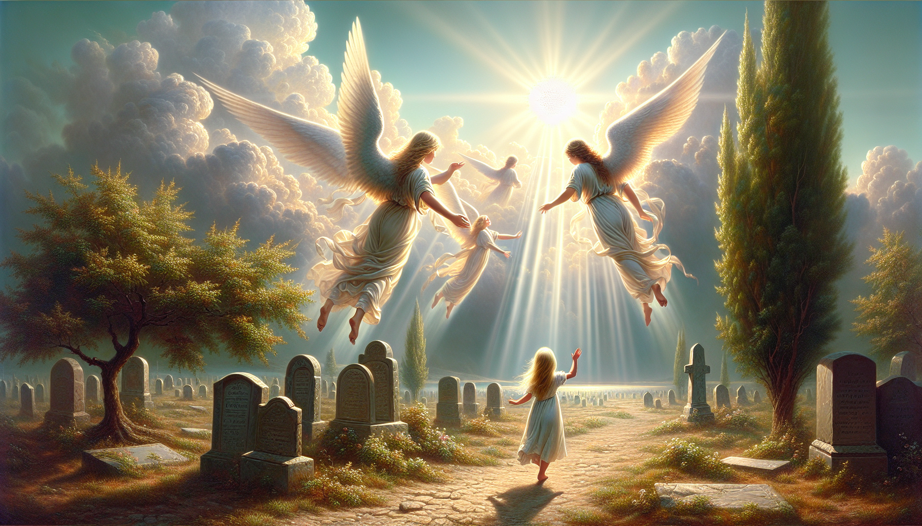 clouds, sun, sunbeam, 2 angels descending to the ground along the rays, blonde girl raising her hands to the angels for the salvation of the soul, stone tombstones of the cemetery, deciduous linden tree