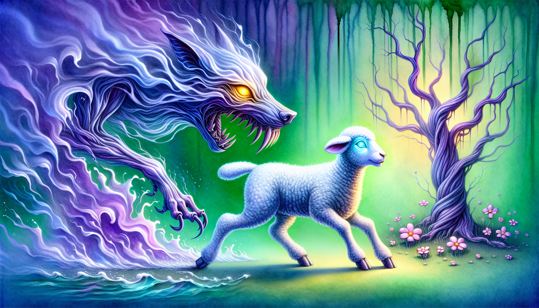 A white and spongy wool lamb, with trembling legs and bright eyes like glass accounts, goes back under the hypnotic gaze of a stylized wolf, whose golden eyes radiate a supernatural shine. The wolf, drawn with purple dyes and vibrant blue, seems to melt with the humid watercolor background, as if it were part of a dream. Their fangs lengthen in almost geometric, exaggerated and surreal forms, while diluted paint waves simulate their anxious breathing.
The surroundings is a forest of twisted trees, painted with spectral green washes and pink Palido, where the leaves drip as ink spots. The flowers under the legs of the lamb are closed with fear, transforming into small hearts that vanished. The scene has an animated fable air, with movement lines that suggest that the wolf could dissolve in a watercolor swirl ... or throw himself at any time.