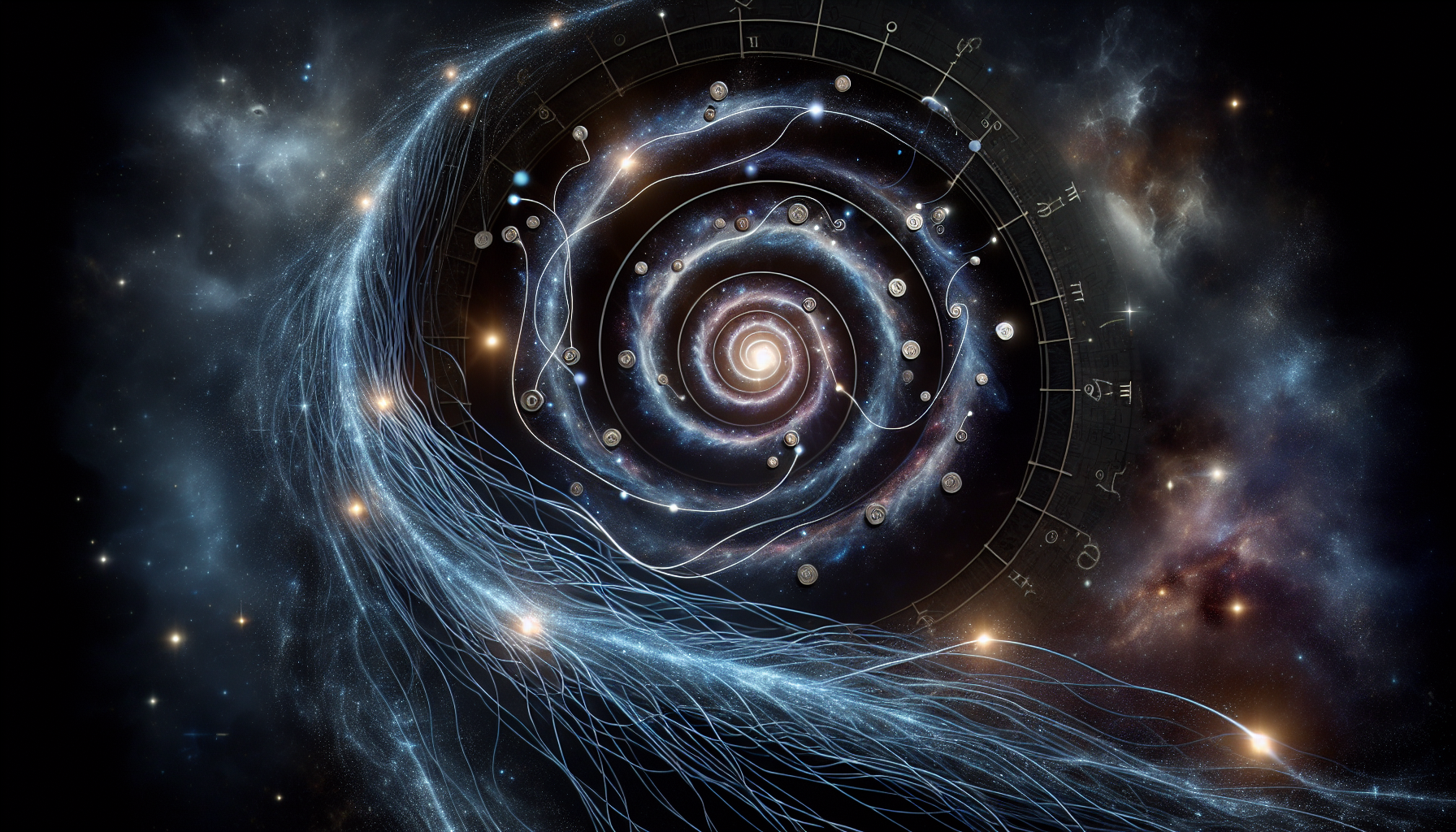 A swirling galaxy shaped like a spiral vault, with coins, light codes, and glowing orbs flowing out toward the Aquarius symbol, all set in a dark cosmic field lit with electric blue threads