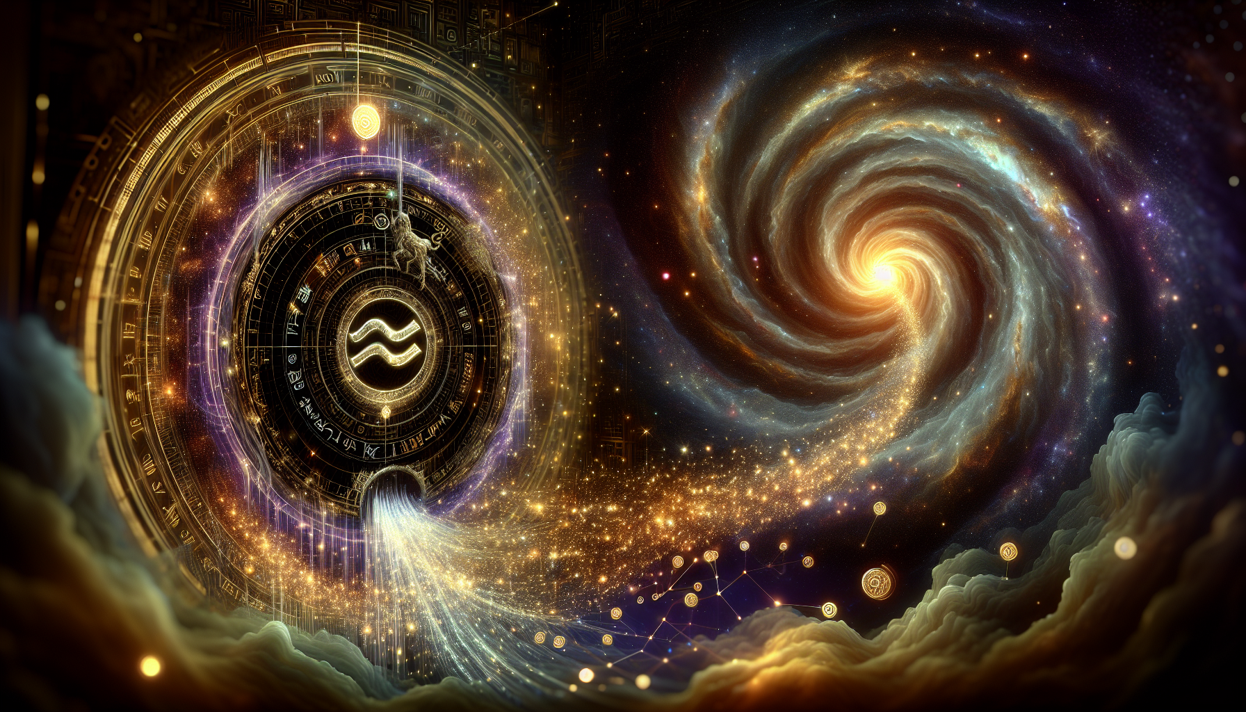 A glowing doorway labeled 'Now', with the Aquarius symbol floating at its threshold, golden energy flowing through like water, behind it a starlit vortex of coins and constellations