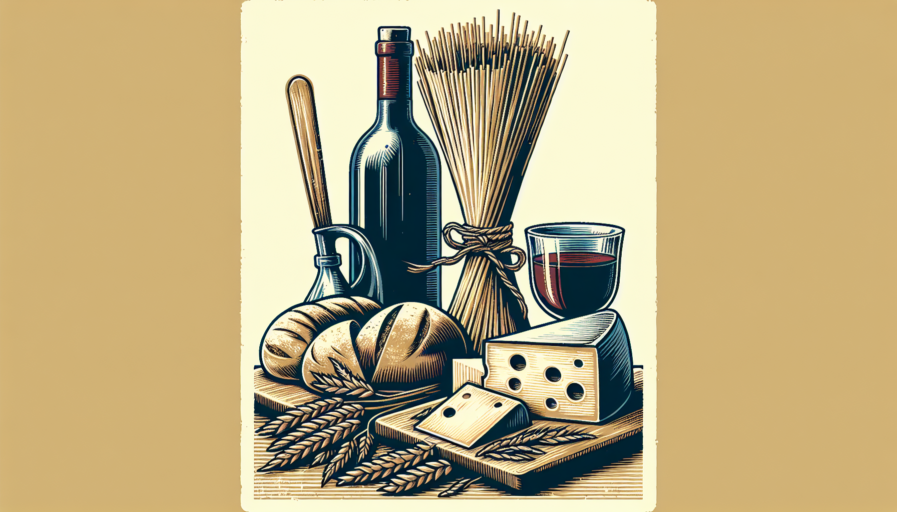 A vintage screenprint-style illustration of Mediterranean food essentials: a bundle of uncooked spaghetti tied with twine, a loaf of rustic bread, a wedge of aged cheese on a wooden board, and a glass carafe of red wine. Bold flat colors, vintage Italian poster aesthetic, warm tones and strong outlines. Clean, graphic composition for a kitchen wall print in a stylish holiday apartment