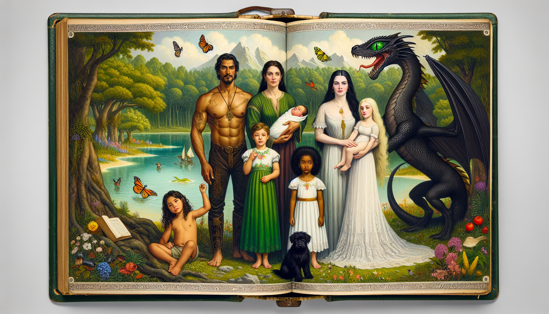 Crea una imagen de un libro abierto en el q aparezca una familia de dos adultos, un bebé, una niña mayor, un niño y una niña, y un perro pequeño y negro, q están en el paraíso , un dragón negro con ojos verdes y una mariposa posada en el brazo de la niña