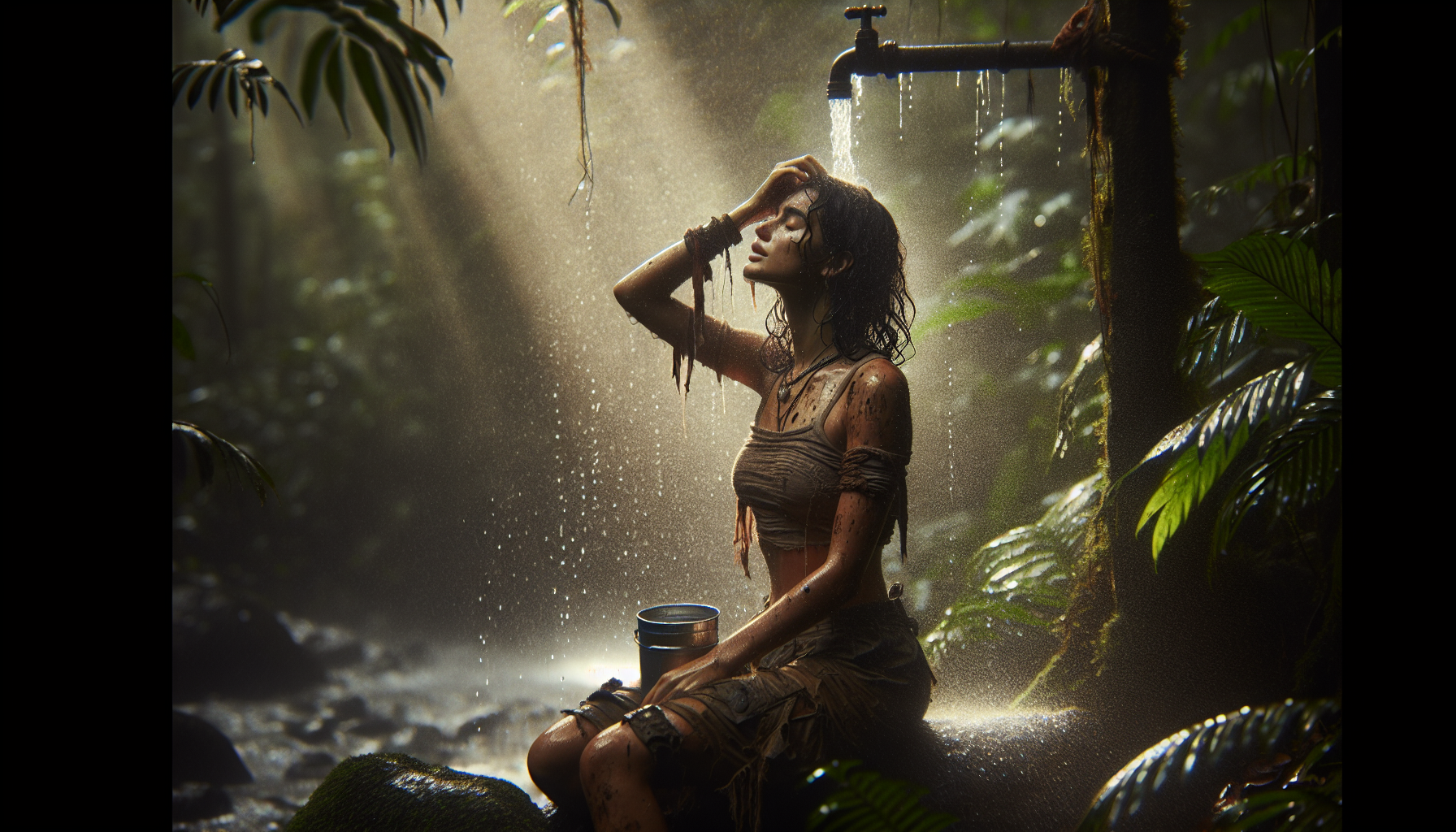 A cinematic, photorealistic image of a beautiful female jungle adventurer taking a shower under a rustic outdoor water pipe in the middle of the rainforest. Her expression is serene and reflective, eyes closed as water cascades down her face and body. Her outfit is torn, tattered, and rain-soaked — a dirt-streaked crop top with ripped edges and shredded short jungle shorts, showing signs of survival after months in the wild. Her toned, athletic figure is glistening with water and mud, with realistic textures on her skin and clothes. The background shows dense, wet jungle foliage and soft diffused lighting through the mist. The water droplets catch the light as they fall. The atmosphere is steamy, moody, and emotional — like a moment of rare peace after hardship. Ultra-detailed skin, clothing fabric damage, high realism, 8K quality, soft cinematic shadows, slight depth of field.