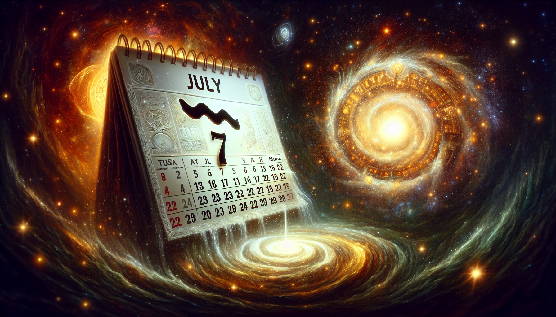 A glowing calendar page marked ‘July 7’ floating in space, with the Aquarius symbol glowing above a cosmic vault, golden sparks leaking from its cracks as stars begin to swirl around it