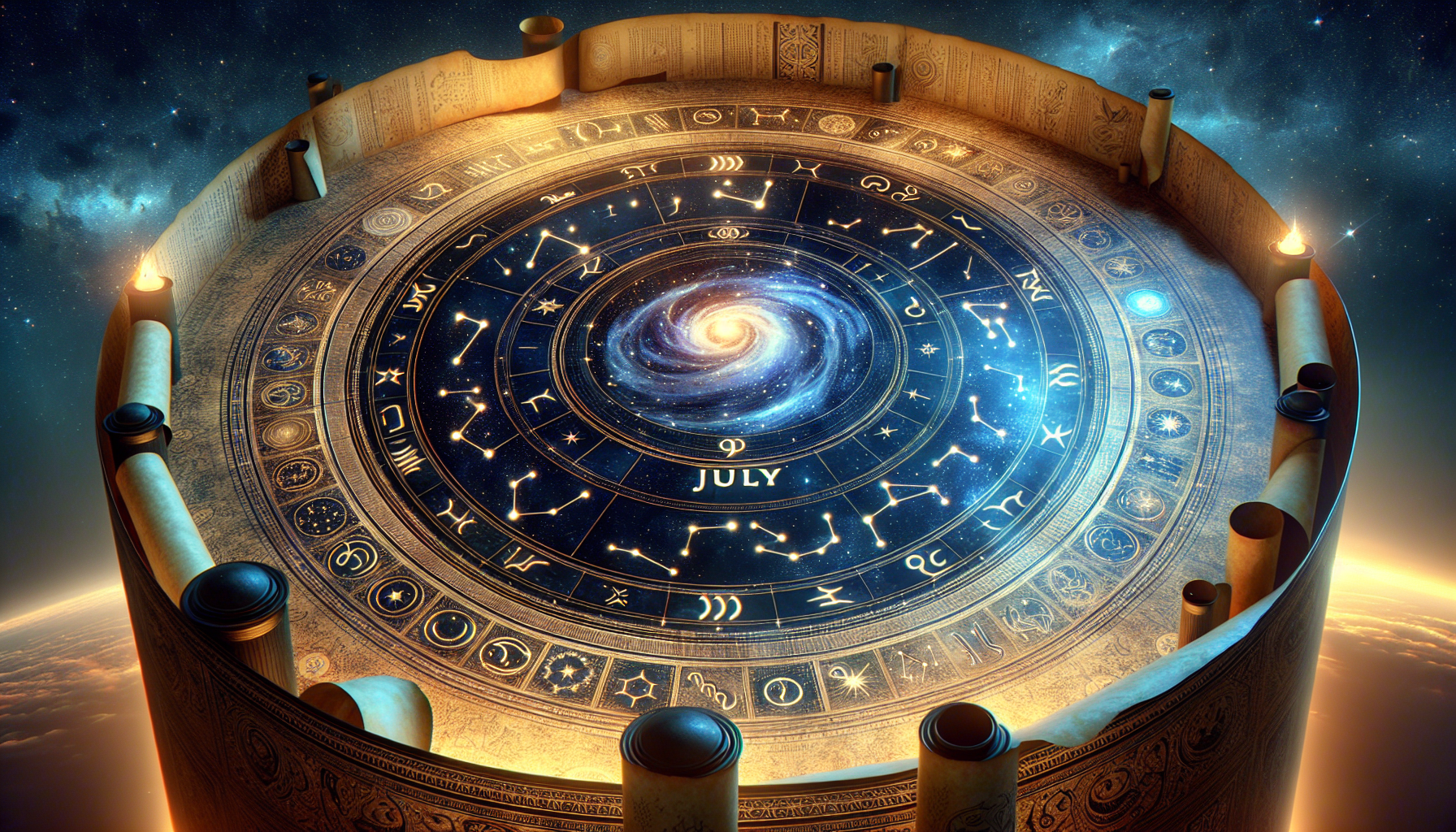 A giant scroll unraveling across the sky with astrological runes glowing, July 7 circled in soft gold, and the Aquarius glyph highlighted among other constellations in deep indigo
