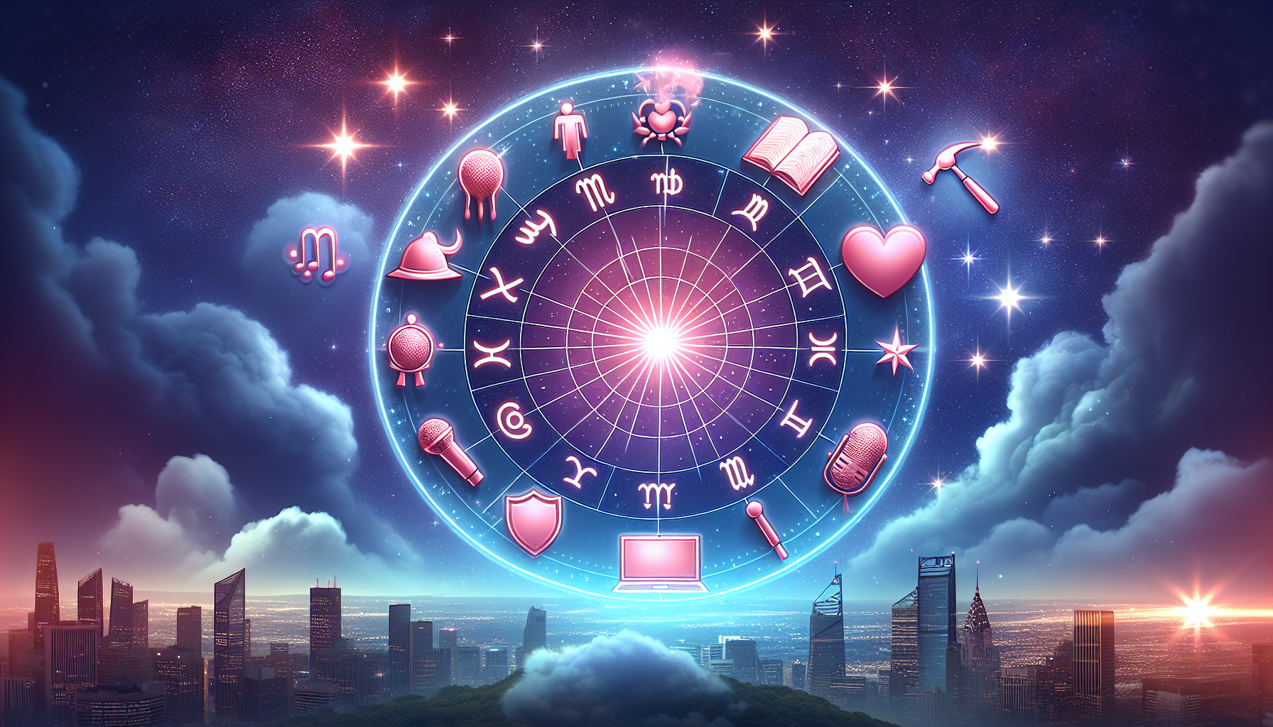 A glowing zodiac wheel floating above a starlit city skyline, with each sign pointing to a glowing career icon — books, microphones, laptops, badges — and soft cosmic light illuminating ‘Dream Job Decoded
