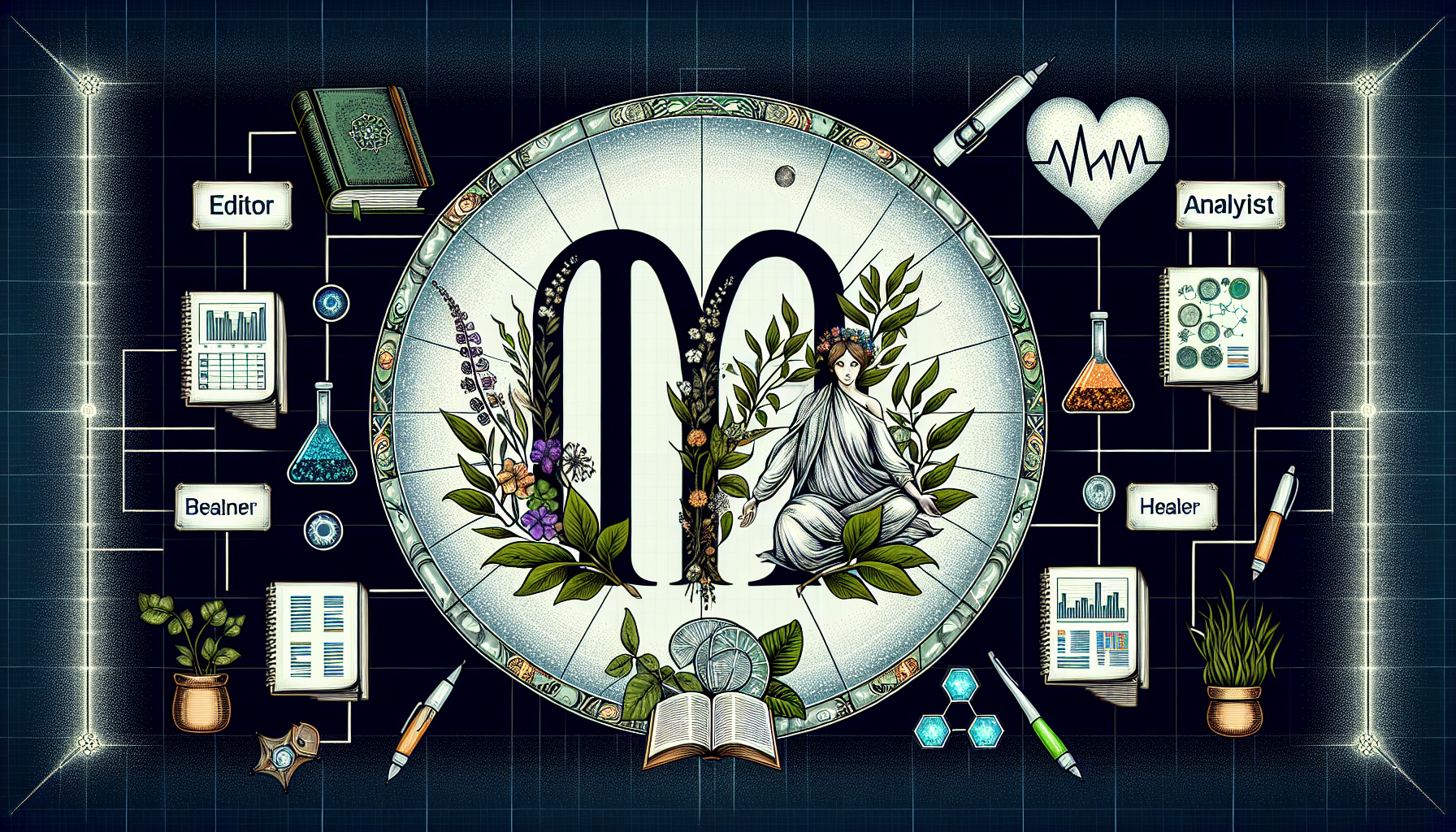 Virgo glyph formed from glowing scrolls and herbal leaves, surrounded by books, spreadsheets, medical charts, and glowing pens, with tags reading ‘Editor, Analyst, Researcher, Healer