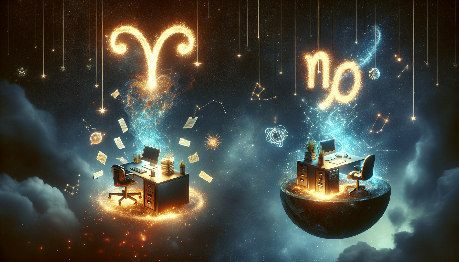 Two desks in space: Aries' side filled with sparks, urgency, trophies; Virgo’s side with organized files, calm glow, and glowing checklists — both under their respective constellations
