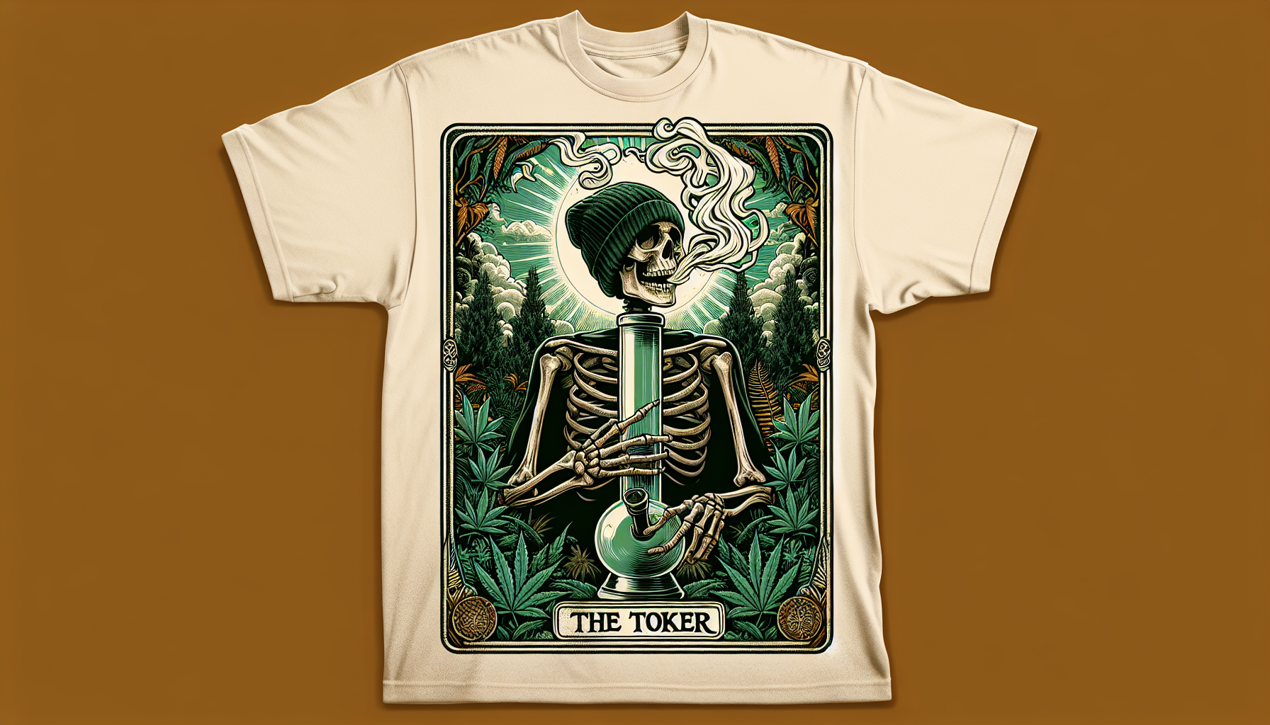 A vintage-style screen print t-shirt design resembling a retro 1970s tarot card titled "The Toker" againতাজিনst a clean white background. The artwork features a relaxed skeleton with a slightly open jaw, sporting a dark green knit beanie and casually exhaling a thick, glowing plume of swirling smoke from a clear glass bong. The skeleton is centered within a symmetrical composition, surrounded by an overgrown, enchanted garden rendered in rich tones of emerald, sage, and olive, overflowing with cannabis plants, ferns, and psychedelic foliage—all detailed with heavy linework and a soft, amber-tinted light reminiscent of 70s tarot readers and rock poster art. The title "The Toker" is traditionally placed at the bottom in a worn, hand-drawn serif font, evoking a mystical, analog feel and completing the vintage tarot card aesthetic.