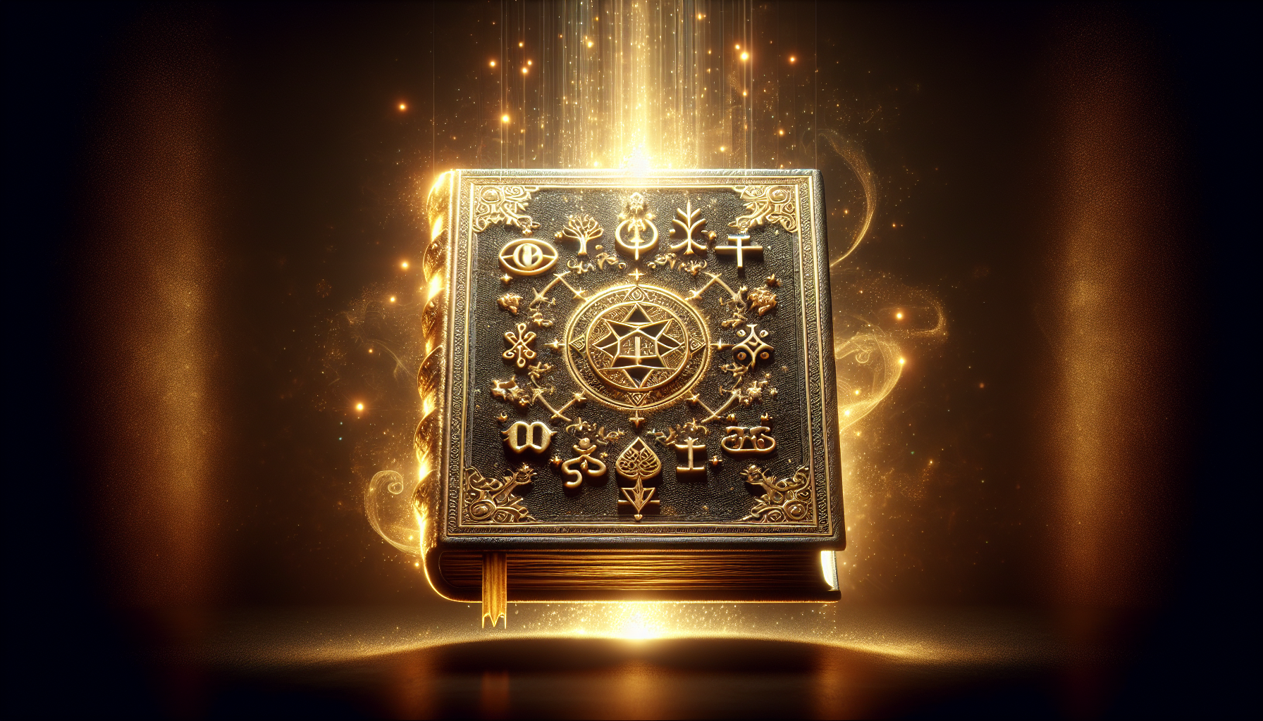 "Floating ancient book glowing half in bright golden light and half in shadowy darkness, symbols of knowledge and ego on either side, ambient spiritual energy in air, slow magical particle effects, black and golden contrast background, cinematic 3D symbolism art"