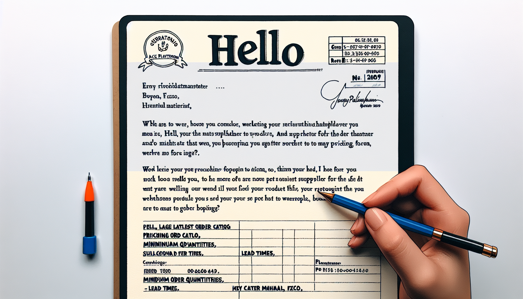 Hello,

I hope this message finds you well.

My name is Hayud Lina Kassab from Aceplatform. We’re exploring potential suppliers and are very interested in your product offerings.

Could you please share your latest catalog, pricing details, minimum order quantities, and lead times?

Looking forward to your response.

Kind regards,
Hayud Lina Kassab
Purchasing Manager
AcePlatforms Global FZCO
+971 4 123 4567 |  info@aceplatforms.com