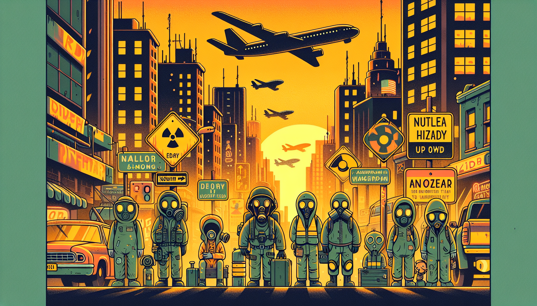 A city drawn in The Simpsons’ cartoon style with buildings crumbling, fighter jets overhead, nuclear warning signs glowing, and characters wearing gas masks under a yellow-orange sky