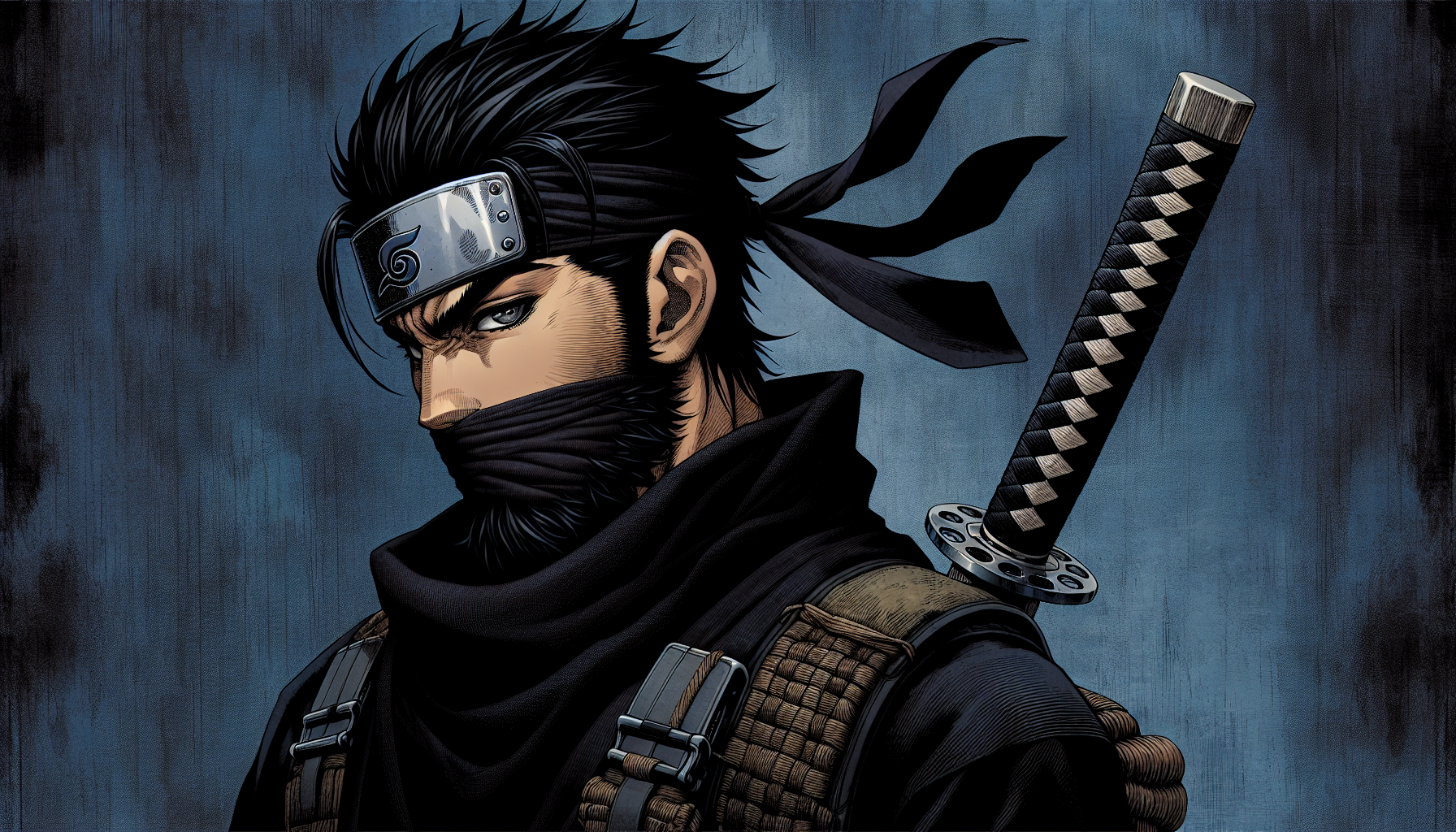 A serious anime ninja with dark brown skin, a full black beard, and sharp eyes. He wears a black shinobi outfit with a dark scarf and a metal forehead protector featuring the Hidden Leaf Village (Konoha) symbol. He has a black bandana tied around his head and a katana strapped to his back. The background is a textured, moody blue. The art style is similar to Naruto anime, with clean shading, bold outlines, and a dramatic tone. Upper body portrait, facing slightly to the right.
