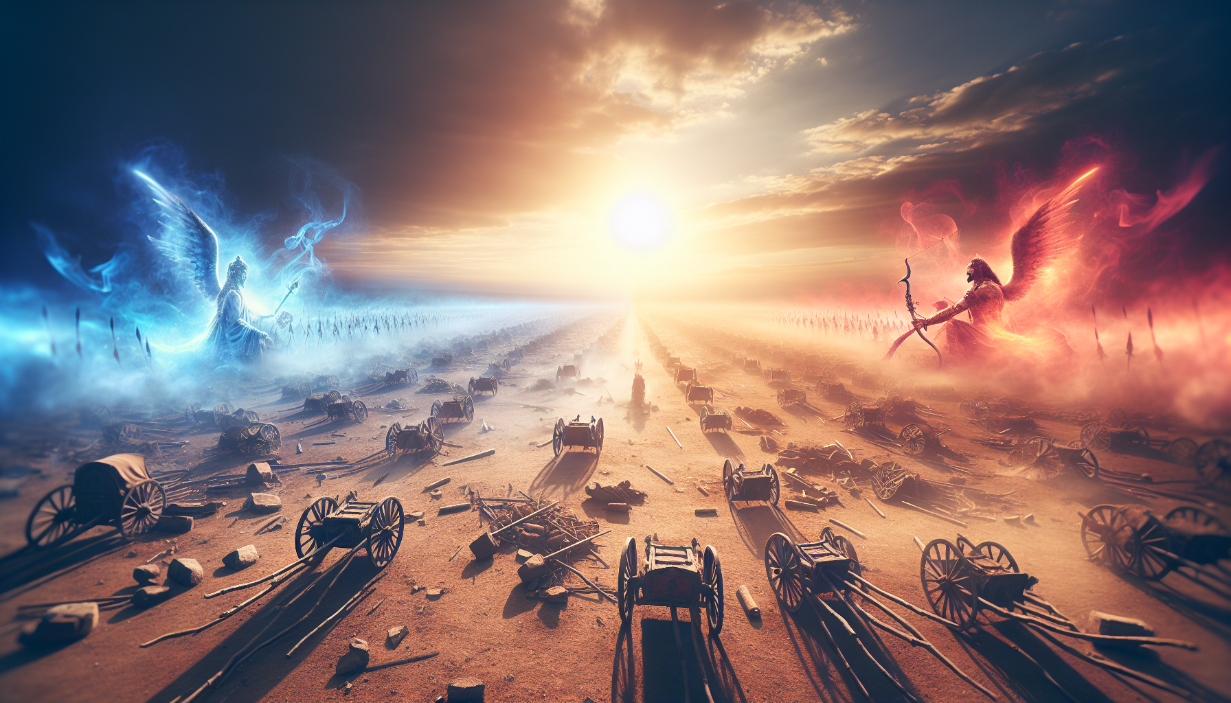 Epic panoramic battlefield of Kurukshetra at dawn, hazy sunbeams, ancient broken chariots scattered, divine and demonic auras in the air, symbolic blur between good and evil, cinematic wide-angle, spiritual tension, VFX-ready shot