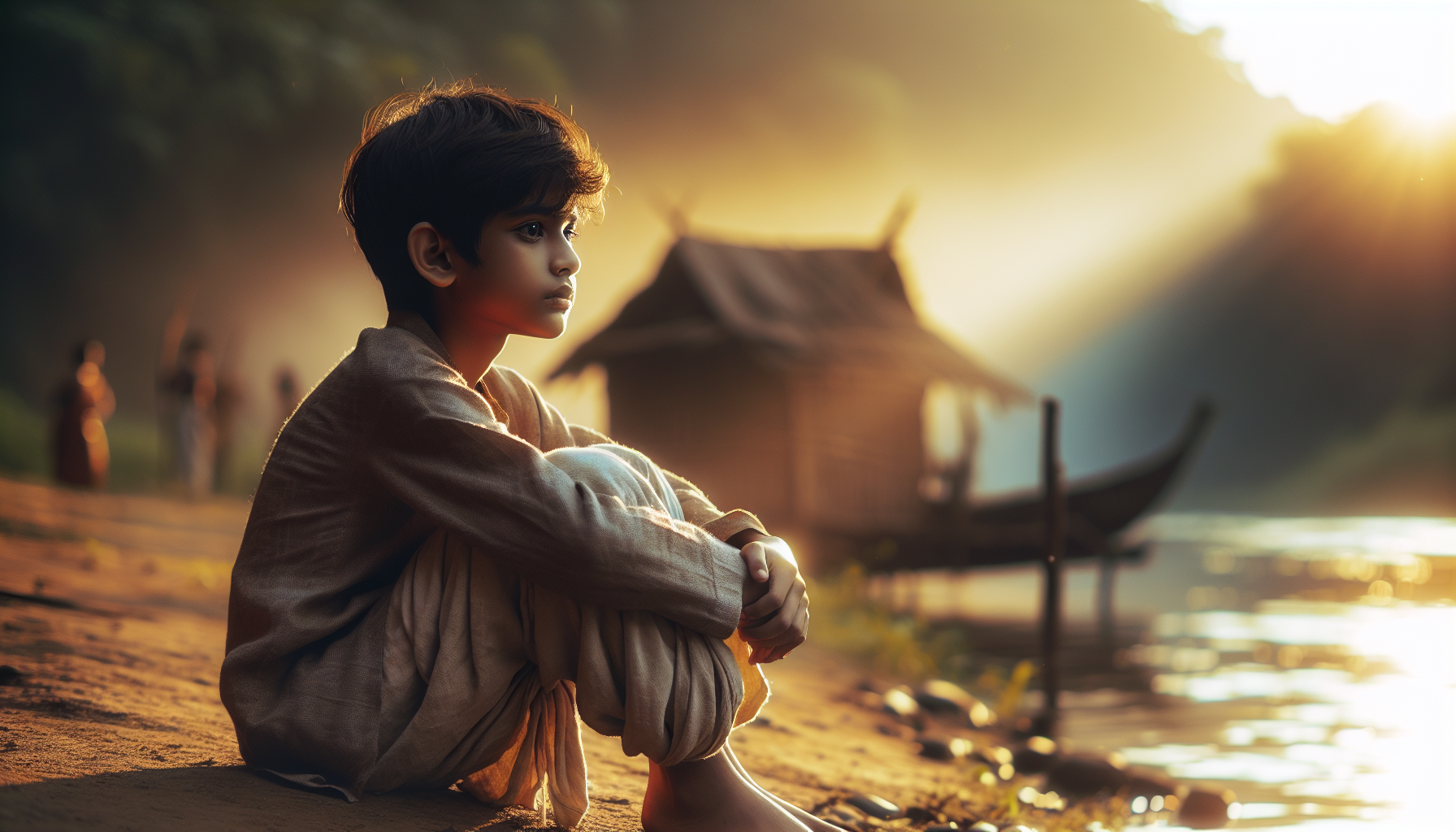 "Young Karna sitting alone near a riverbank, wearing simple clothes, looking at the sun with longing eyes, soft golden light falling on his face, childhood innocence mixed with sorrow, background of small hut and forest, ancient Indian setting, cinematic mood"
