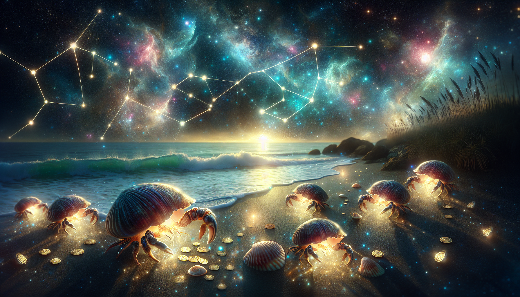 A soft cosmic tide carrying glowing shells toward the shore, each shell opening to reveal small golden coins, with the Cancer constellation shining softly in the background