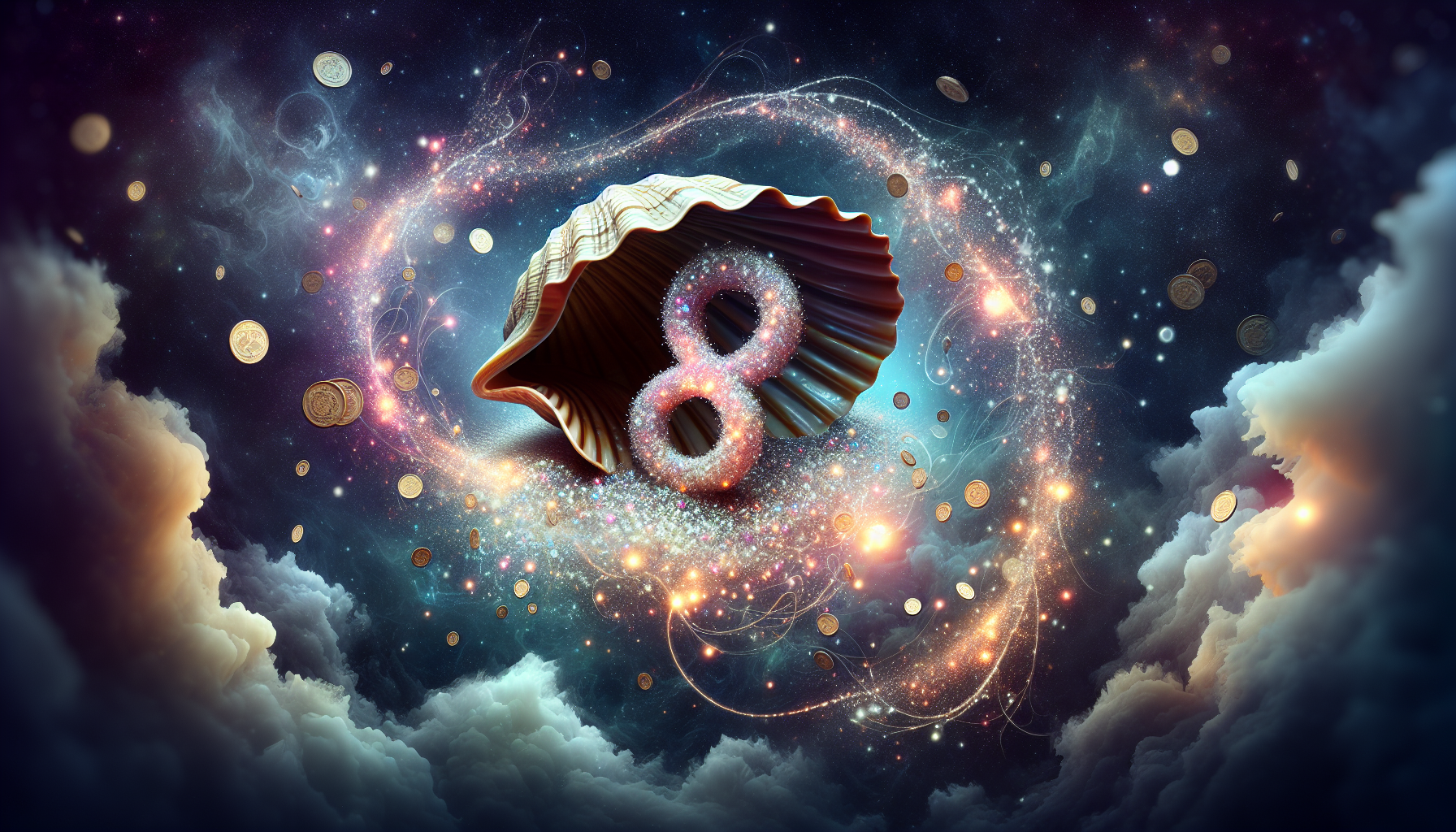 The Cancer symbol resting inside a seashell made of stardust, floating in space while coins and cosmic light swirl around it, as the words ‘It’s Already on Its Way’ glow softly nearby