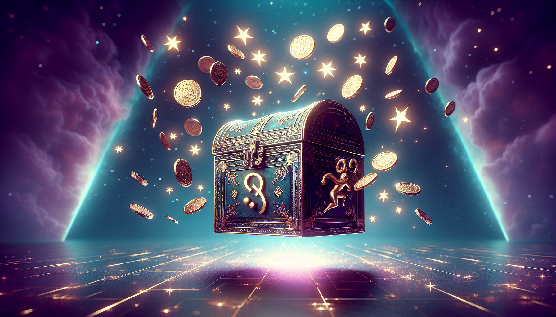 Portrait of a magical treasure chest levitating in space, Sagittarius symbol carved on top, coins and golden stars floating upward from inside, deep violet and teal lighting, minimal background