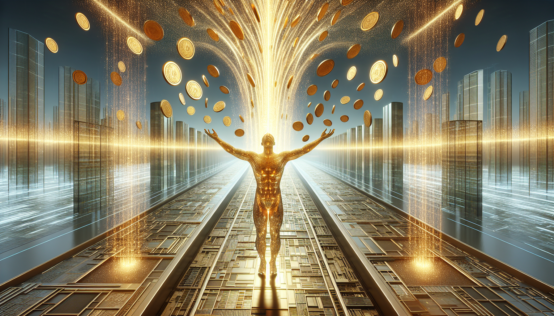 Portrait of an Aquarius figure with arms open, receiving golden energy beams from the sky, coins floating around them, futuristic landscape in the background, vertical layout, no clutter