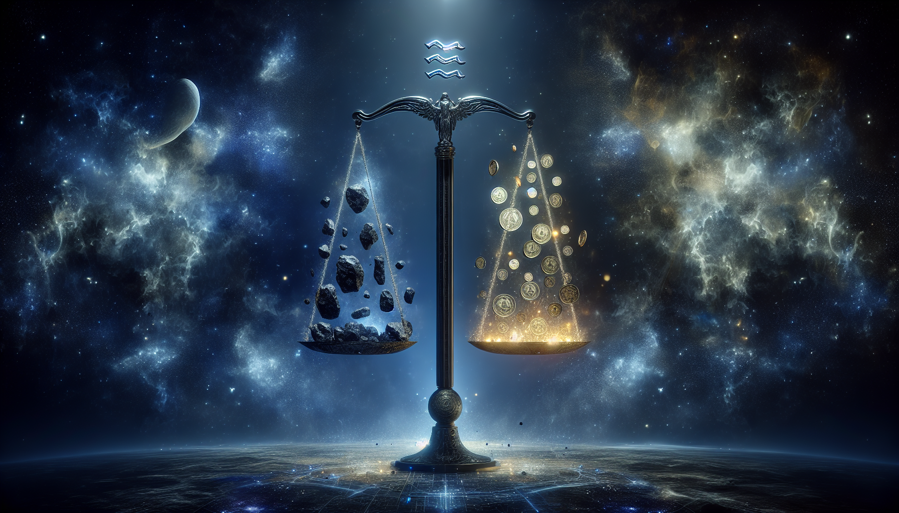 Portrait of a vertical cosmic scale glowing in deep space, one side holding dark stones symbolizing past struggles, the other overflowing with golden coins, Aquarius zodiac symbol floating above the scale, dark indigo and silver-blue color tones, clean background, no text