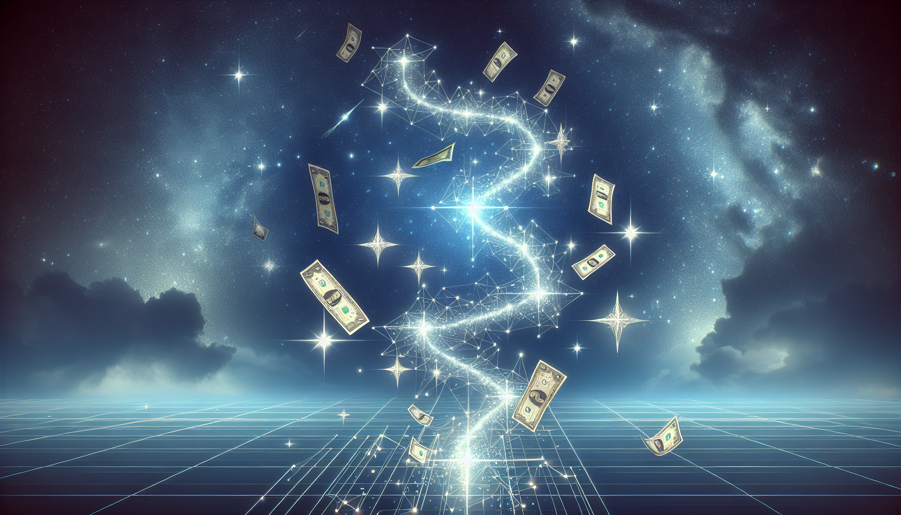 Portrait of a glowing cosmic road built from stars and coins, leading toward the Aquarius constellation in the distance, silver-blue galactic background, minimalist clean design