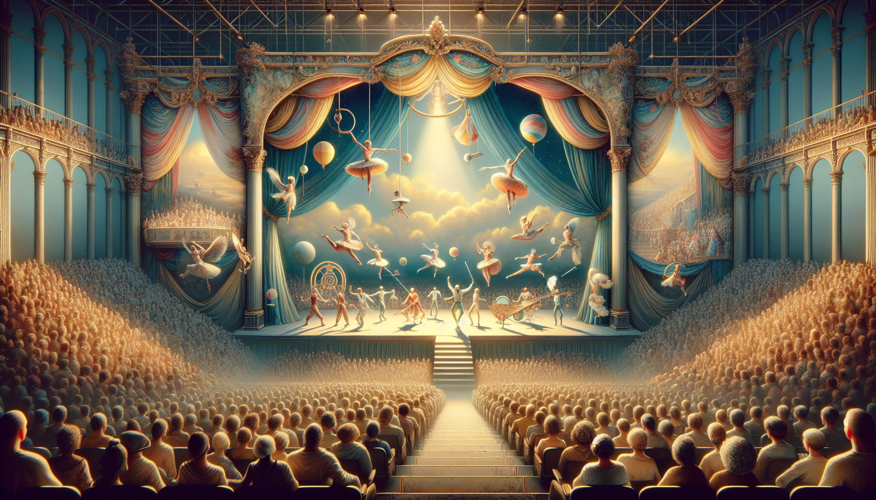 Cirque du solei style, indoor stage, audience view from left side of stage