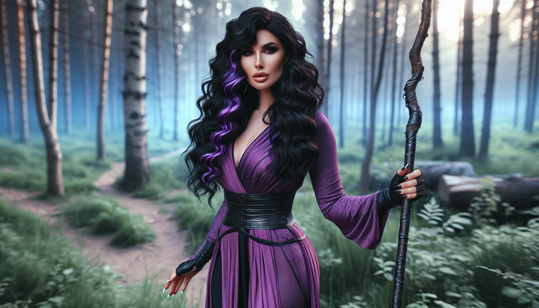 most beautiful woman in forest, hold a staff as tall as her, woman is wearing a purple robe that is tight fitted showing all her bodies curves, woman has long black wavy hair with a purple streak going down the right side of her long bangs