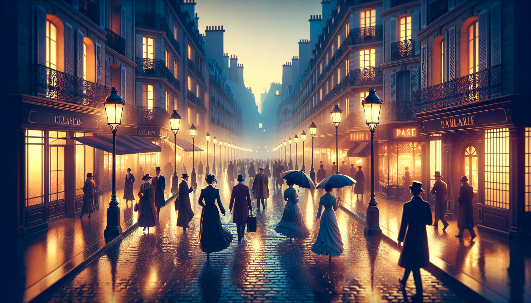 A vibrant Parisian street scene at twilight, glowing street lamps illuminating cobblestone streets, people strolling with umbrellas, elegant 19th-century fashion, soft warm lighting reflecting off wet pavements, clean concept art style, highly detailed, cinematic atmosphere
