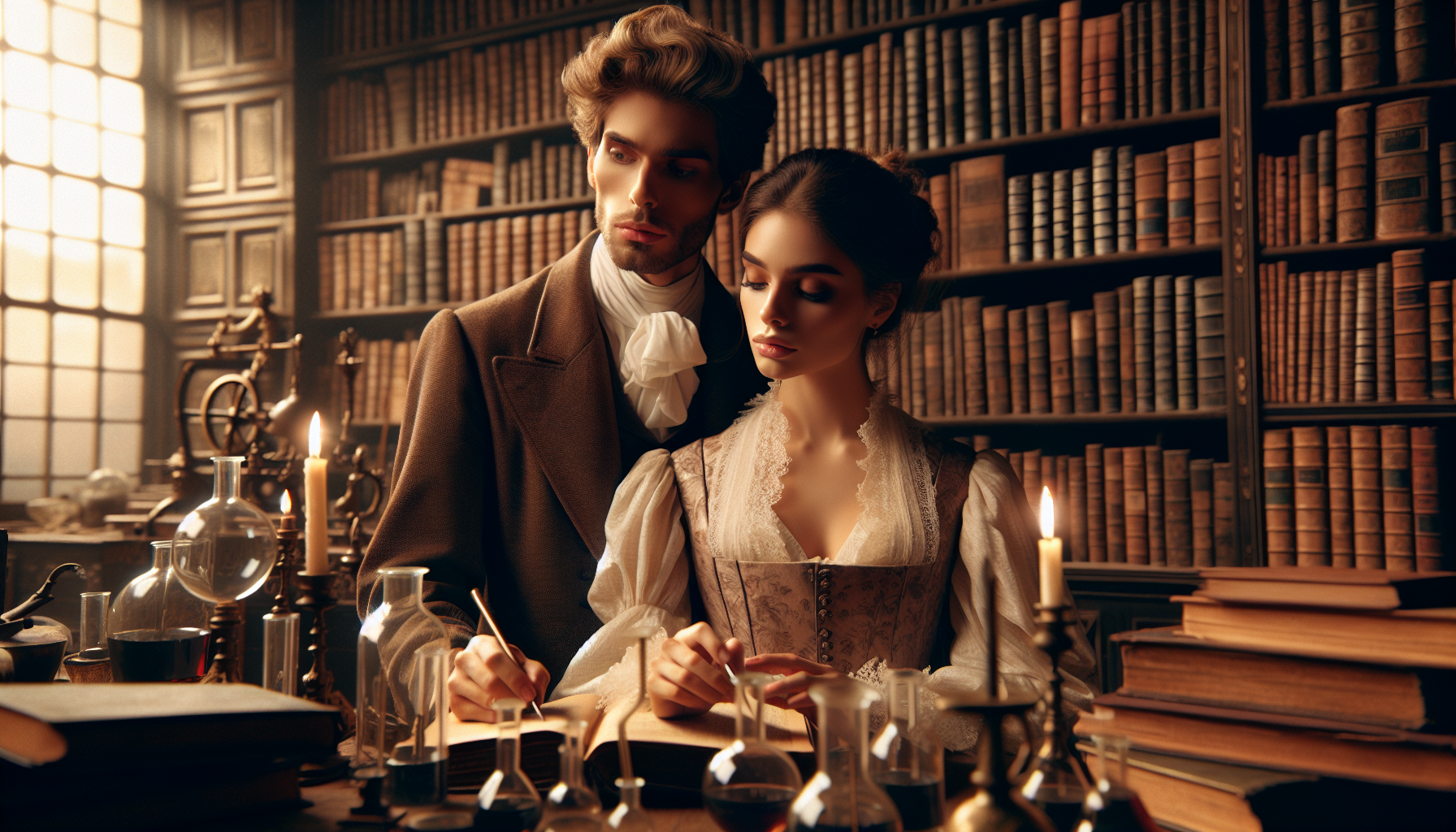 Concept art of an 18th-century European couple in a study filled with books and chemistry tools, soft warm light highlighting their faces, focused and intellectual atmosphere, cinematic style
