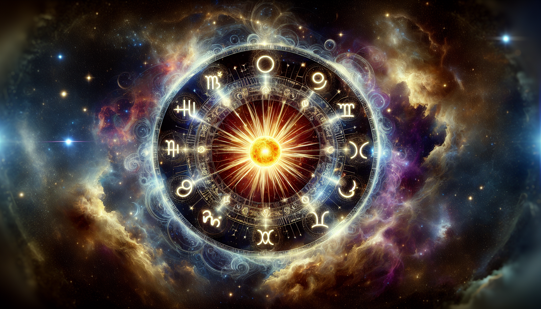 A cosmic astrology background featuring a glowing golden sun at the center, surrounded by zodiac symbols in a circular pattern, deep space with stars and nebulae in shades of dark blue and purple, soft mystical light, high resolution, no text, perfect for video background

