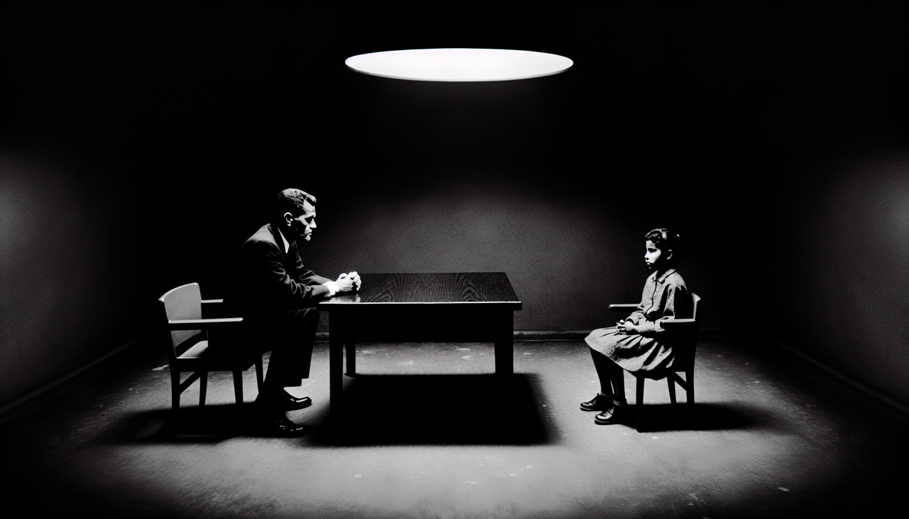 A young girl, no more than 11 years old, with short hair and a dark complexion, in a dark interrogation room with only two chairs and a table, the interrogator and the girl, black and white effect, 1968
