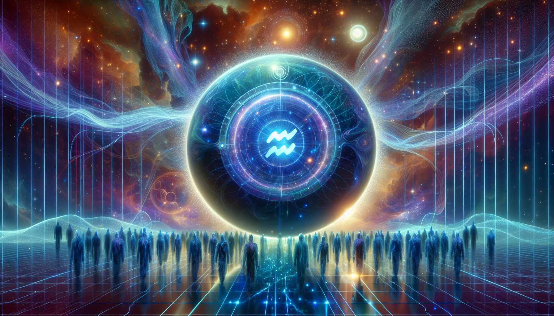 Portrait of a circular force field with the Aquarius symbol at its center, waves of energy pushing outward as shadowy figures stand back in awe, cool neon lighting and cosmic sky