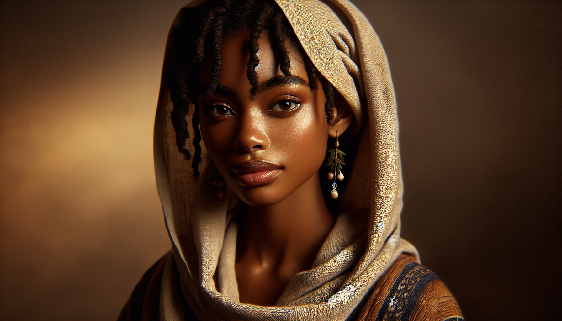 A young woman of African descent. She wears a shawl-style head covering. The shawl drapes over her shoulders. She wears medium-colored beaded earrings. Her dark, curly hair is braided in loose dreadlocks or braids and falls around her shoulders. Her expression is serene and serious, with direct eye contact. Her skin tone is a warm brown. She is slender and has a focused gaze. The light is warm and golden, reminiscent of a sunrise or sunset, highlighting her features and the textures of her clothing. The overall style is sophisticated and reminiscent of a portrait, bringing out detail and beauty in a natural setting. The composition draws the eye to the woman's face. The perspective is slightly elevated, emphasizing the subject's presence in the surroundings.
