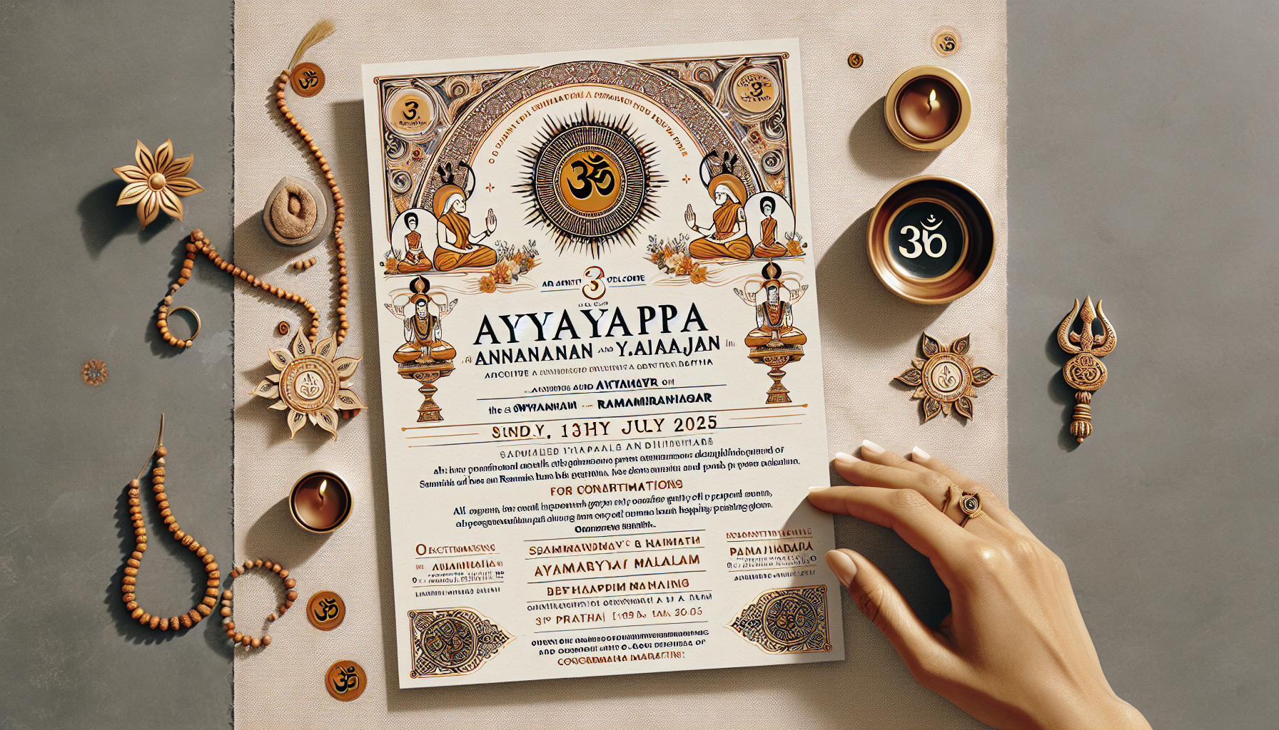 Design a Visual flyer for this invitation.

🕉️ Invitation for Annadanam & Ayyappa Bhajan 🕉️

Swamiye Saranam Ayyappa!

We warmly invite all Swamis and their families to our home in Ramamurthy Nagar on Sunday, 13th July 2025 for:

Afternoon Annadanam

Followed by Ayyappa Bhajan and Palaharam in the evening

🕰️ We request all Swamis to kindly assemble between 11:30 AM and 12:00 PM, which will help us with Yatra preparations and discussions.

We also humbly request all devotees participating in the Sabarimala Yatra to begin observing Vrata by wearing the Ayyappa Maala on or before Sunday, 13th July 2025.

🙏 Kindly acknowledge this message or let us know if there are any challenges. We’re happy to coordinate and discuss further.

Looking forward to your presence and blessings.

Swamiye Saranam Ayyappa!