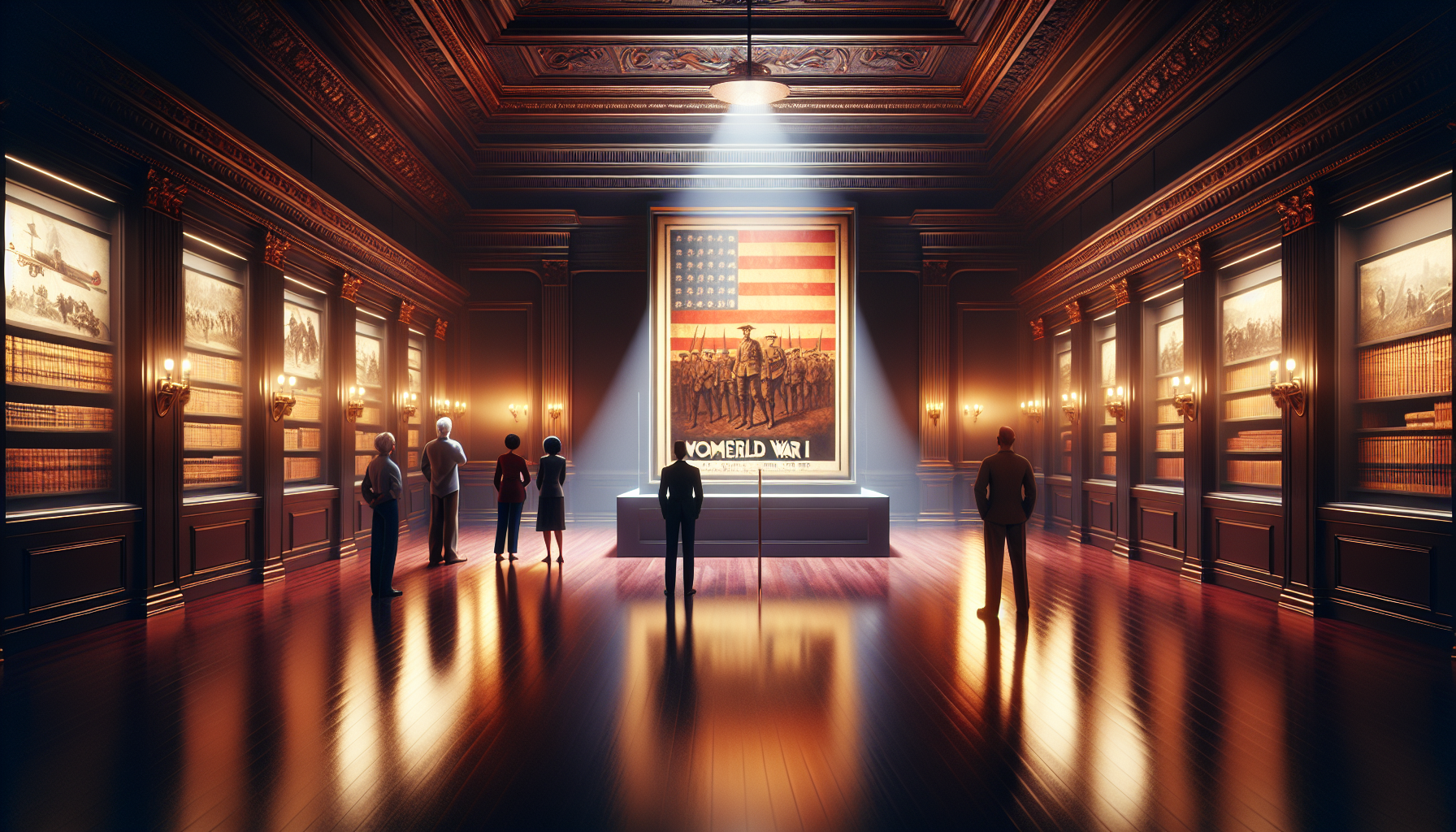 “dimly lit archive room, American patriotic ambiance, large historic WWI poster illuminated by overhead spotlight, few people standing in awe, wooden floor, aged museum setting, rich tones, quiet mood, concept art illustration”

