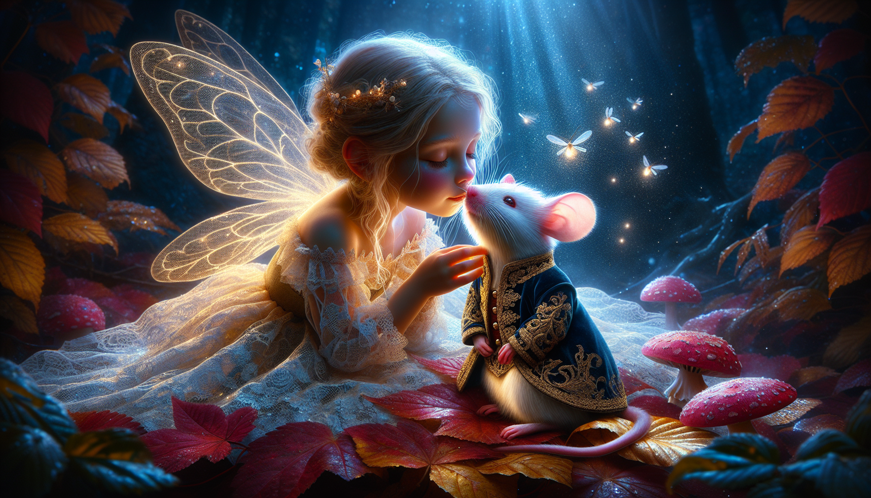 Create a hyper-realistic digital artwork that captures the magical moment when a tiny fairy, dressed in an ethereal lace dress illuminated by moonlight, places a tender kiss on the cheek of a gentleman mouse. The rodent, with soft fur as white as freshly fallen snow, translucent pink ears, and flushed cheeks, lies on a bed of autumn leaves in shades of crimson and gold. His medieval dark blue velvet costume displays intricate gold embroidery that reflects the light of fireflies tangled in his uniquely textured fur—each strand individually illuminated with microscopic precision. The nighttime scene is bathed in a bluish light that enhances the luster of the fairy's iridescent wings and creates pearly reflections in the dewdrops adorning the leaves. The setting combines the intimate warmth of the moment with the grandeur of an enchanted forest, where particles of magic dust float in the air and bioluminescent mushrooms outline the path between the tree roots. The composition should show a level of detail that allows you to appreciate: the fibers of the fairy's lace dress, the veining of each autumn leaf, the velvety texture of the mouse's ears, and the soft glow emanating from this enchanted encounter.