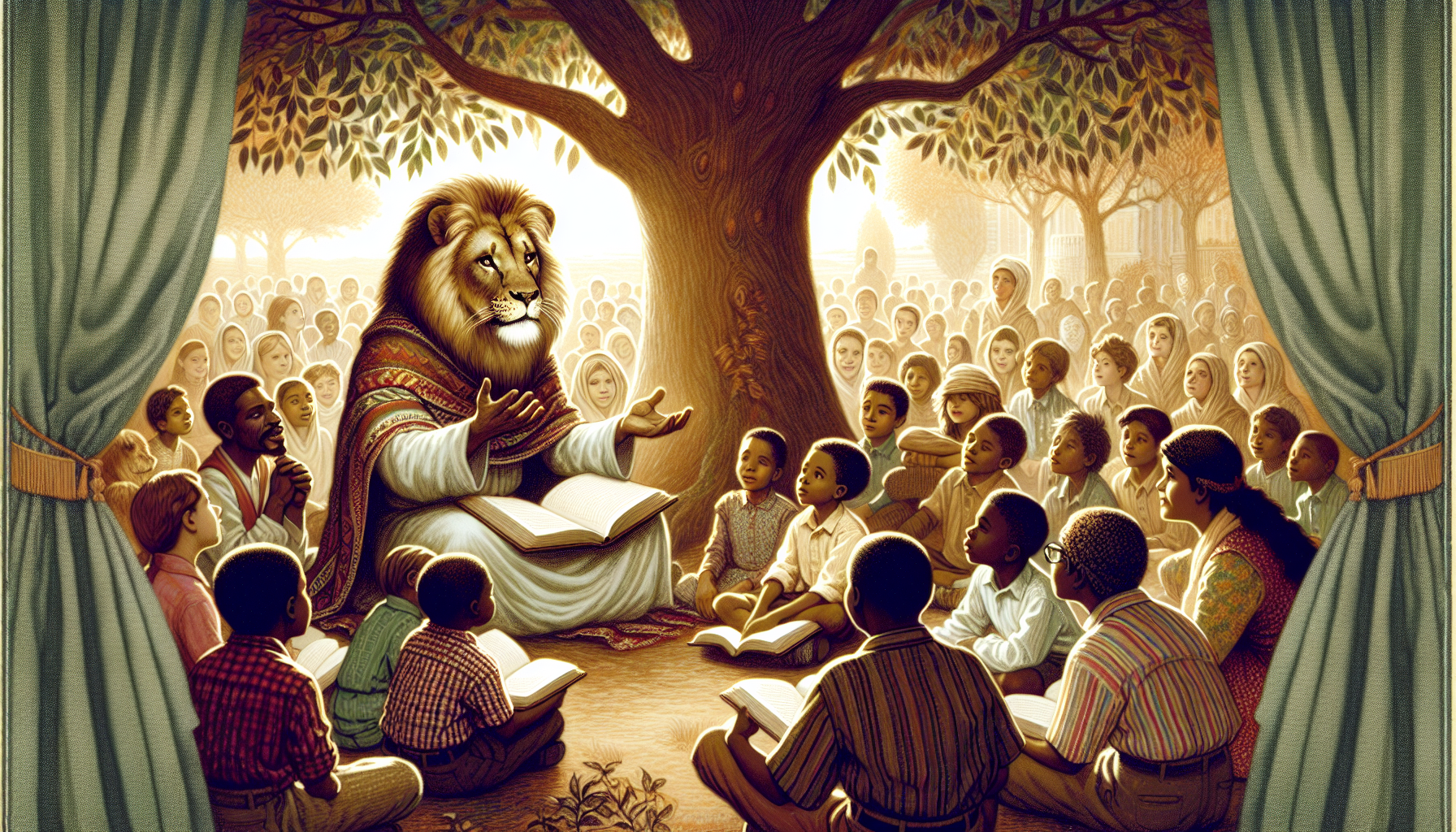 Un león magestuoso con exprés sabía rodeado de niños y jóvenes escuchándolo en un entorno esperanzador y cálido. El león está sentado como maestro, bajo un árbol con libros abiertos, luz suave cayendo sobre él.
El estilo es de ilustración editorial para niños.
