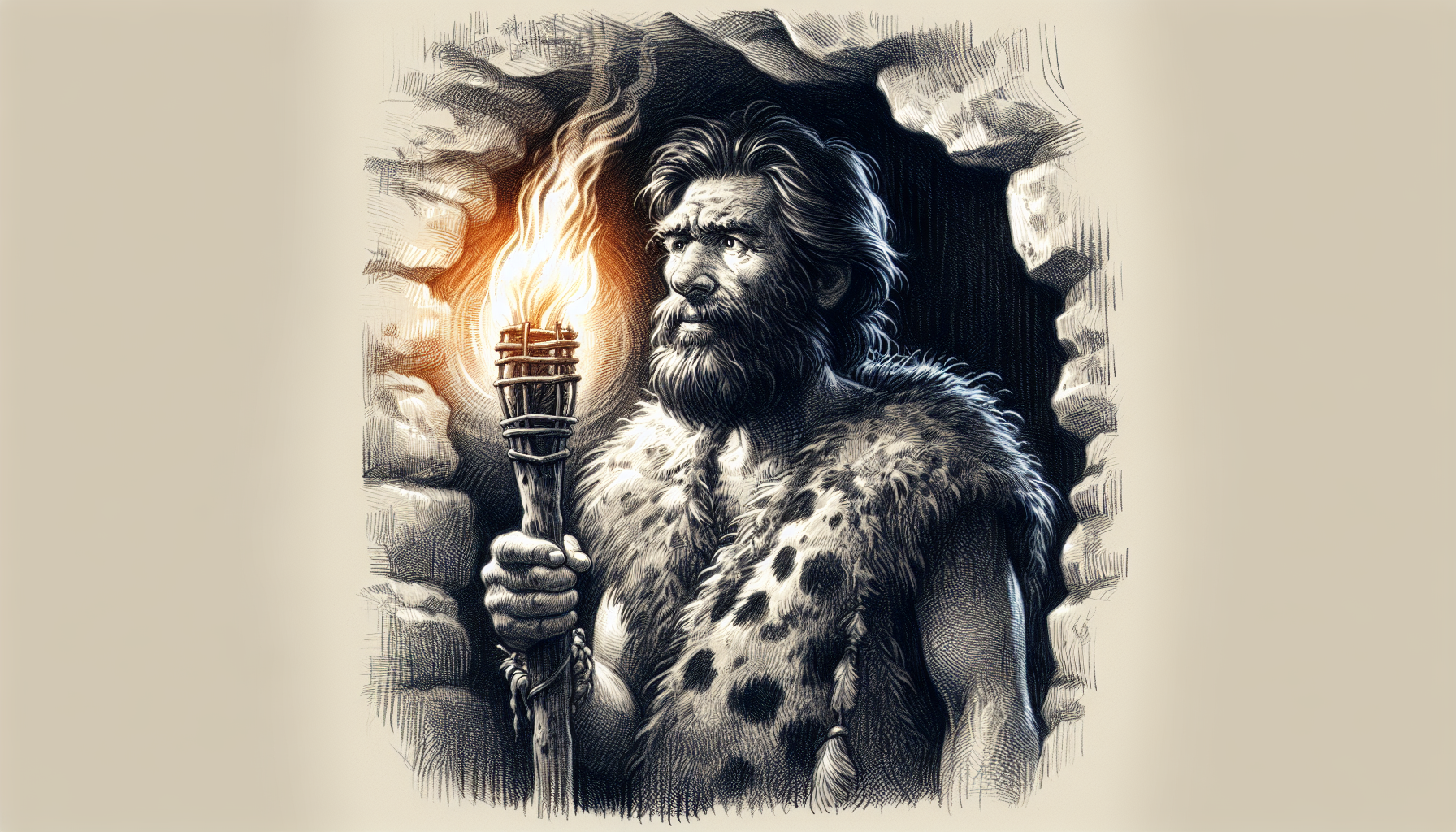 a caveman inside a cave holding a torch