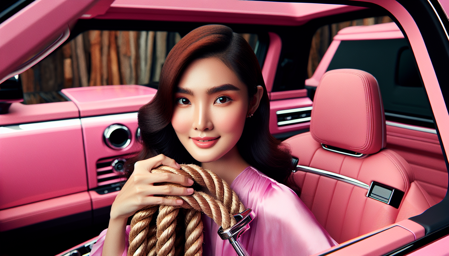 a beautiful asian girl, with extra huge, holding with rope, while sitting inside a pink car