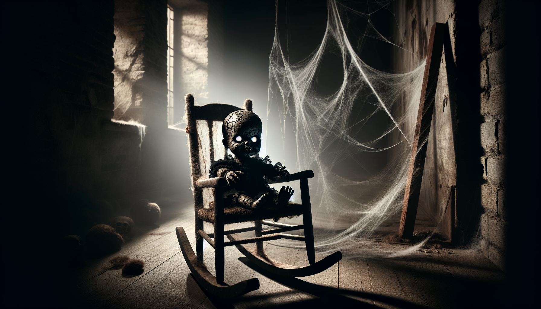 Portrait of a horror doll with black cracked skin and glowing white eyes, sitting on an old wooden rocking chair in an abandoned nursery, surrounded by cobwebs and dust, foggy lighting, cinematic horror style, vertical layout