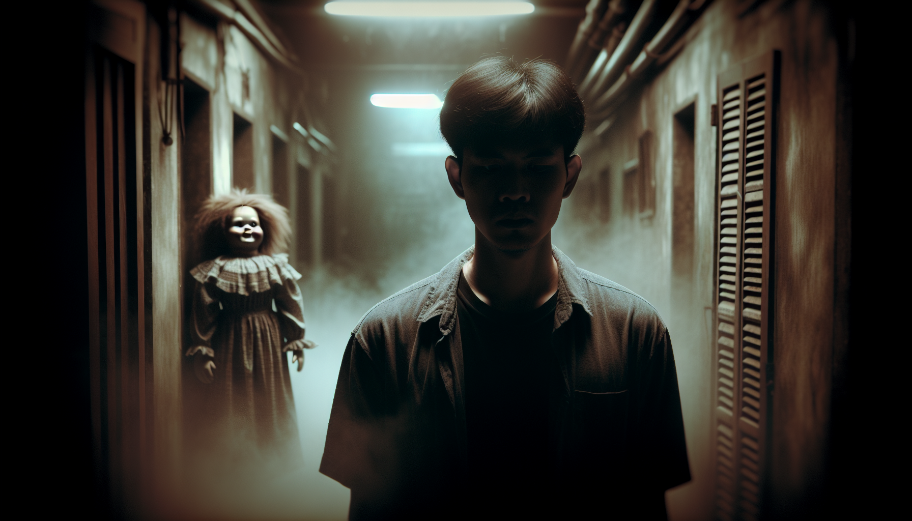 Portrait of a horror doll standing silently behind an unaware person, only its glowing eyes visible in the shadows, dim hallway lighting, dusty background, subtle fog, unsettling vibe, cinematic horror framing, vertical layout