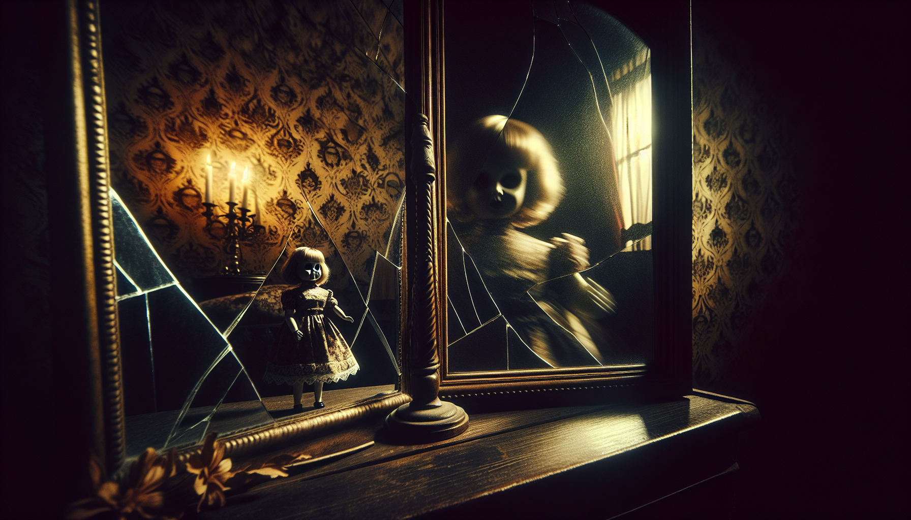 Portrait of a creepy doll only visible in a cracked antique mirror, reflection shows it moving while the room stays still, golden candlelight, gothic wallpaper, dark shadows, eerie atmosphere, vertical horror shot