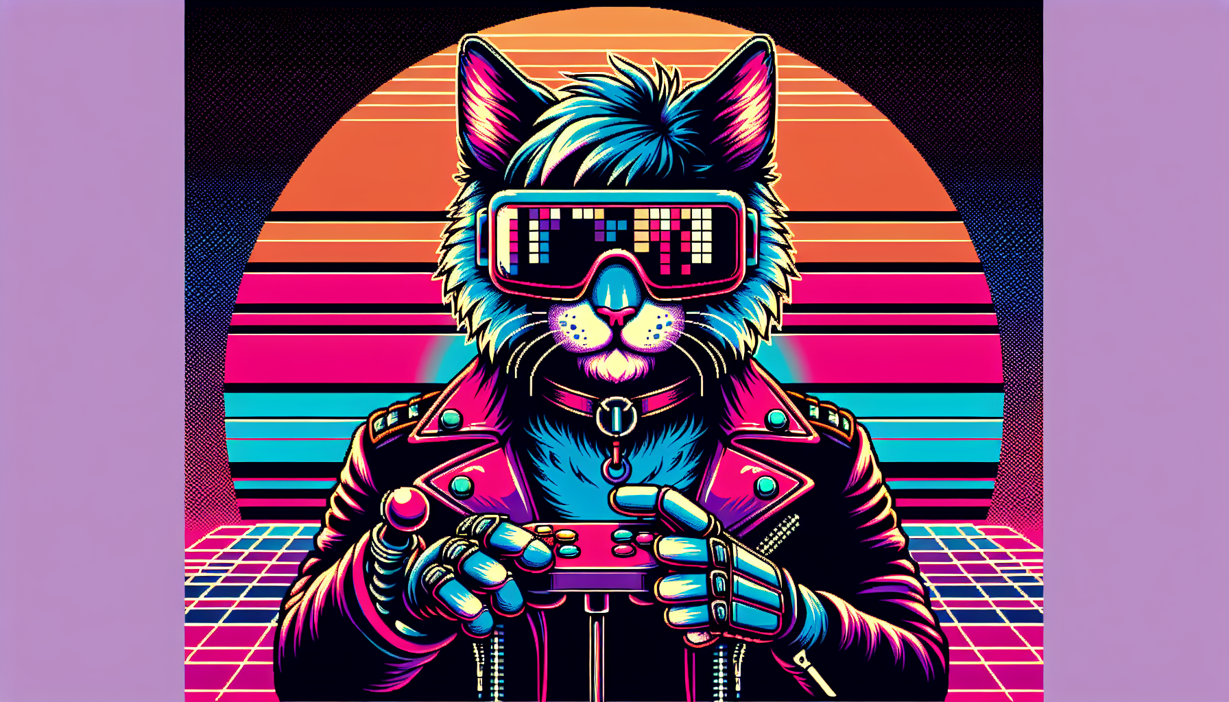 Pixel art style illustration of a cool cyberpunk cat wearing VR goggles, holding a joystick, neon colors, retro sunset background, bold design, t-shirt vector art