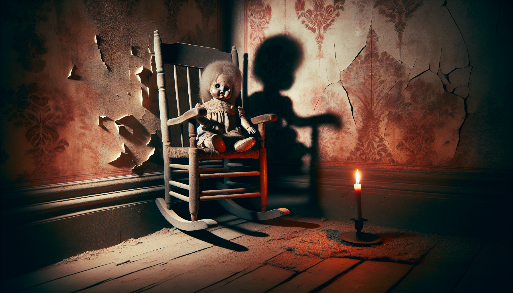 Portrait of Annabelle doll sitting alone on a wooden rocking chair in a dimly lit room, faint red glow from a nearby candle, old wallpaper peeling, dusty floor, eerie shadows moving behind, cracked porcelain face, vertical horror composition