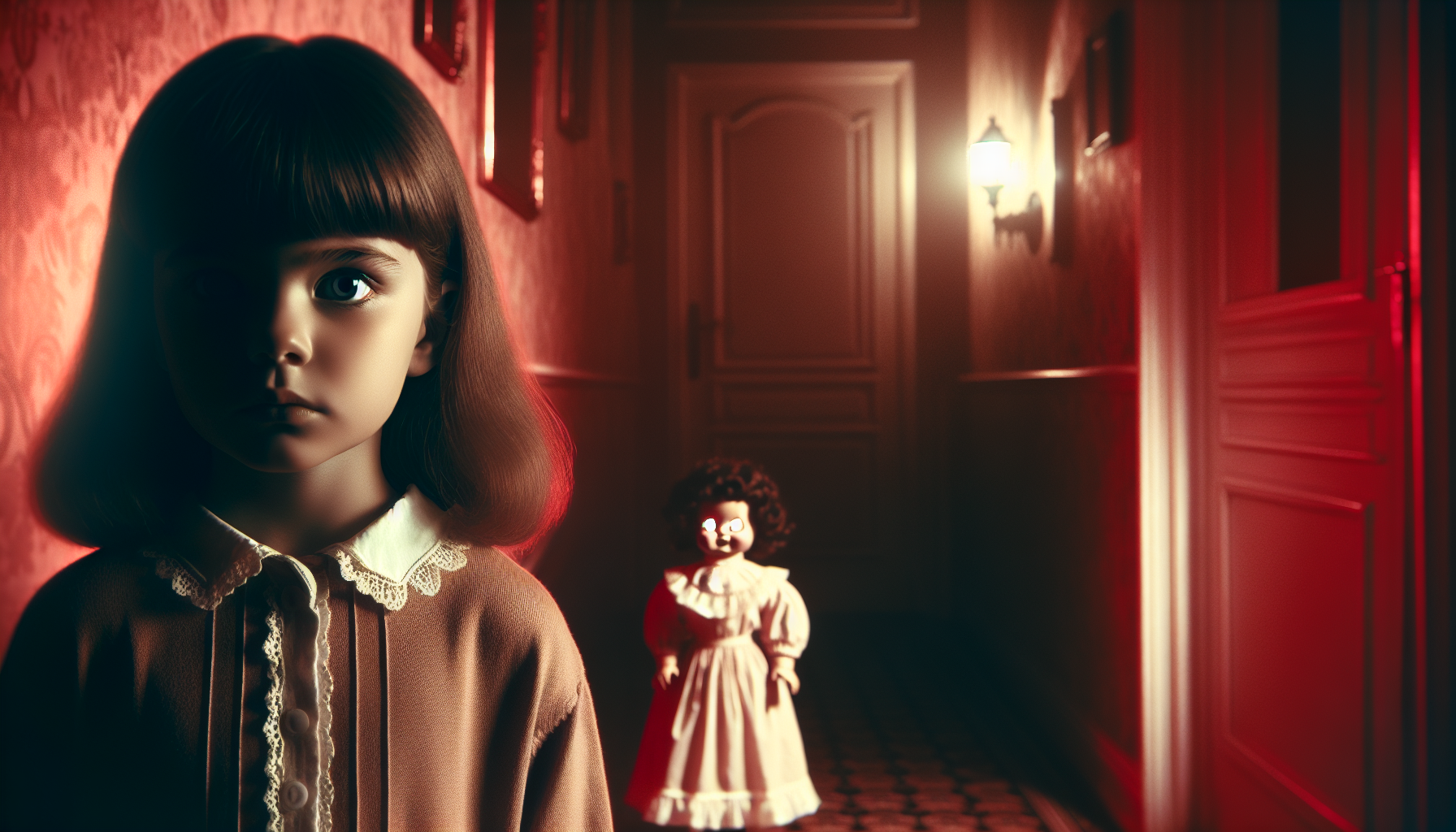 Portrait close-up of a girl standing in a hallway, and Annabelle doll is blurry in the dark behind her with glowing eyes, soft red ambient light, cinematic horror style, unsettling atmosphere, vertical layout