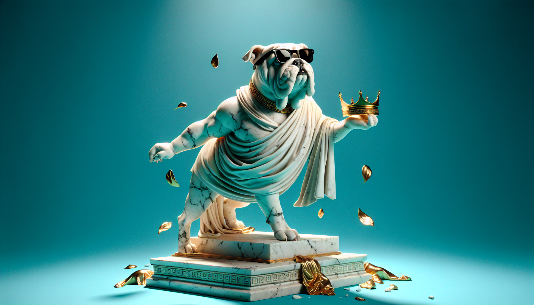 A dramatic 3D render depicts a classical Greek marble statue of a British bulldog, confidently posed against a vibrant teal backdrop. The bulldog statue is sculpted with intricate detail, showcasing the cracked stone texture of the marble and adorned with a flowing white toga, while sporting a pair of modern black sunglasses and holding a bright golden crown casually on its paw. Scattered around the base of the statue are a few delicately rendered golden leaves, gently floating in the air, and the lighting is bright and direct, highlighting the texture of the stone and the playful juxtaposition of ancient and modern styles. The overall composition is clean and impactful, emphasizing the absurdity and charm of the scene.