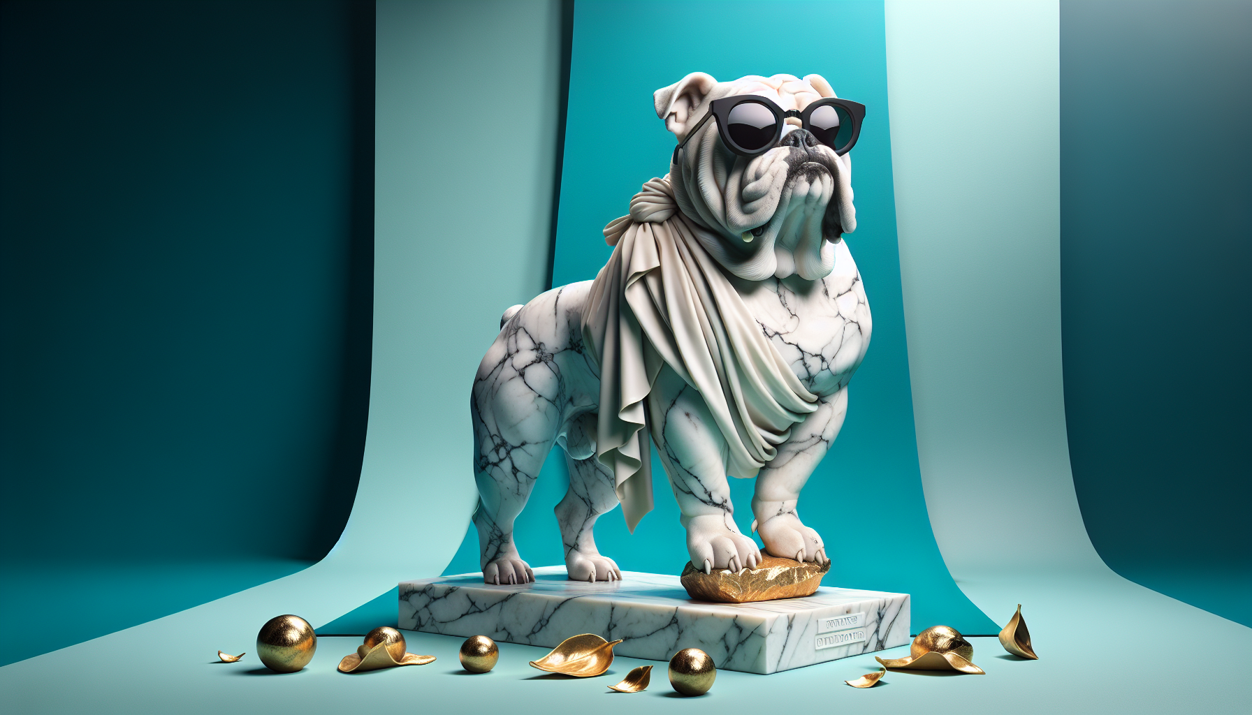 A dramatic 3D render depicts a classical Greek marble statue of a British bulldog, confidently posed against a vibrant teal backdrop. The bulldog statue is sculpted with intricate detail, showcasing the cracked stone texture of the marble and adorned with a flowing white toga, while sporting a pair of modern black sunglasses and holding a bright golden crown casually on its paw. Scattered around the base of the statue are a few delicately rendered golden leaves, gently floating in the air, and the lighting is bright and direct, highlighting the texture of the stone and the playful juxtaposition of ancient and modern styles. The overall composition is clean and impactful, emphasizing the absurdity and charm of the scene.